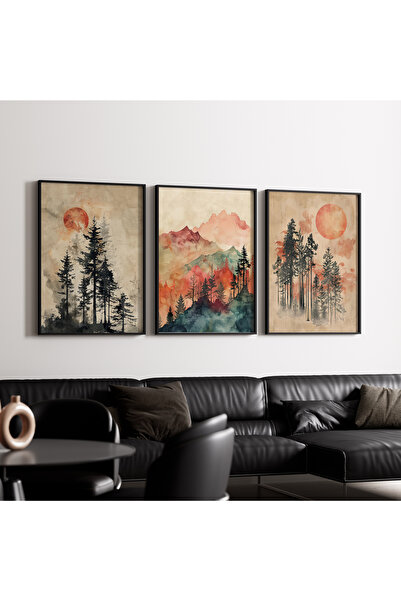 Artiera Σετ ζωγραφικής 3 τεμαχίων Red Sun Forest Vintage Japandi Art με ξύλιν...