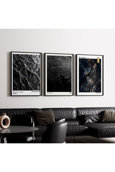 Artiera Σετ ζωγραφικής 3 τεμαχίων με μαύρο θέμα Japandi Art με ξύλινο πλαίσιο