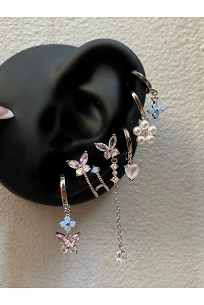 h&b design jewel Çelik Silver Kelebek Detaylı 6 Lı Küpe Seti