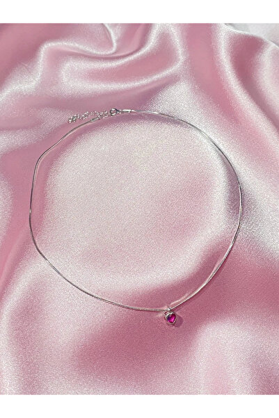 h&b design jewel 925 Ayar Gümüş Silver Koyu Pembe Kalpli Choker