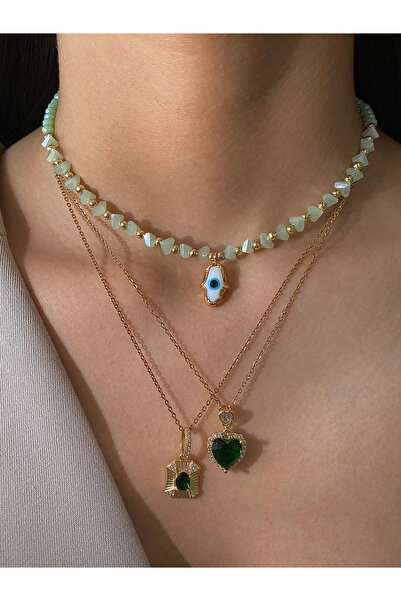h&b design jewel Çelik Yeşil Taşlı Kalp Kolye
