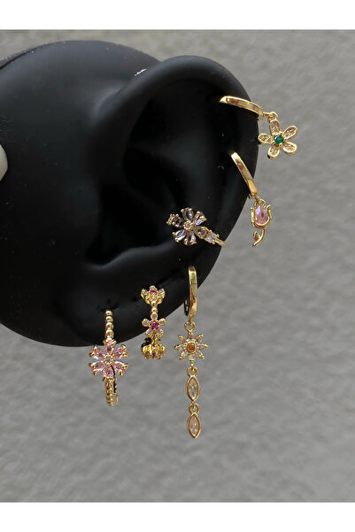 h&b design jewel Çelik Çiçek Detaylı 6 Lı Küpe Seti