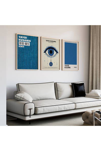 Artiera Σετ ζωγραφικής 3 τεμαχίων Kusama Minimalist Blue Japandi Art με ξύλιν...