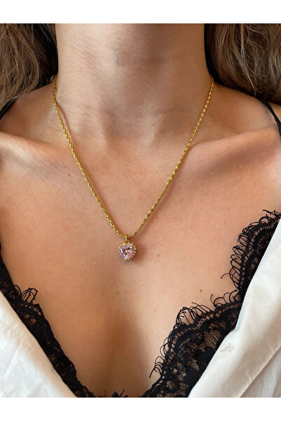 h&b design jewel Taşlı Pembe Kalp Kolye