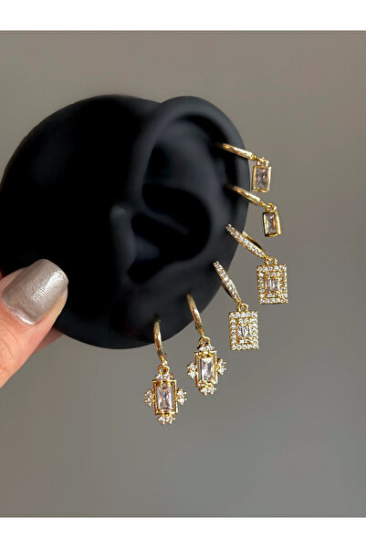 h&b design jewel Çelik Gold Baget Taşlı 6 Lı Küpe Seti
