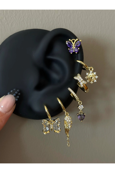 h&b design jewel Çelik Gold Mor Kelebekli 6 Lı Küpe Seti