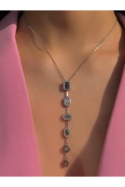h&b design jewel قلادة من حجر الرغيف الفرنسي باللون الفضي
