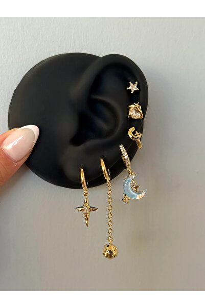 h&b design jewel Çelik Hologramlı Hilal Detay 6 Lı Küpe Seti