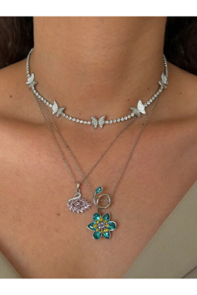 h&b design jewel Çelik Mavi Çiçek Detay Kolye