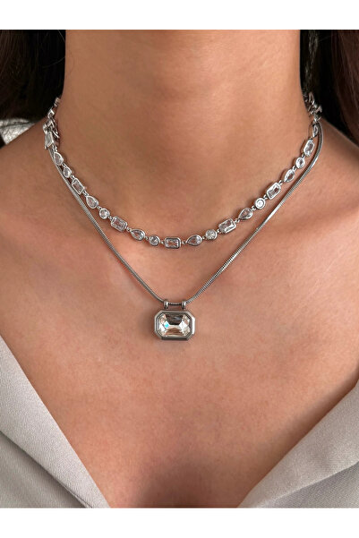 h&b design jewel Steel Silver Baguette Stone Design Necklace