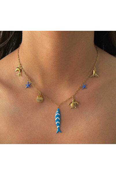 h&b design jewel قلادة من الفولاذ الأزرق بتفاصيل سمكة مع 7 سحر