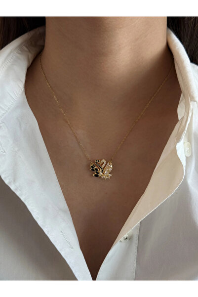 h&b design jewel Çelik Gold Siyah Kuğu Detay Kolye