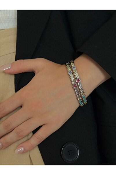 h&b design jewel Çelik Renkli Taşlı Kelepçe Bileklik