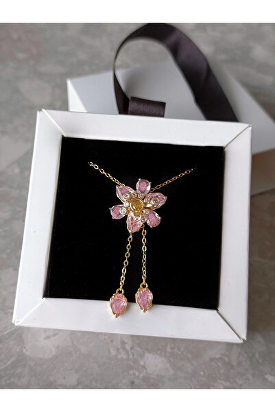 h&b design jewel Çelik Pembe Çiçekli Kolye
