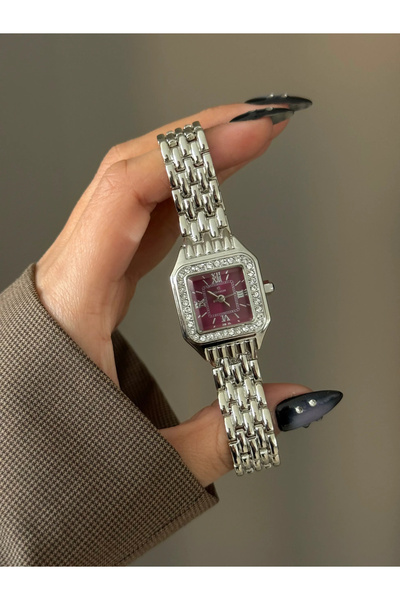 h&b design jewel ساعة يد فضية بحجر بوردو
