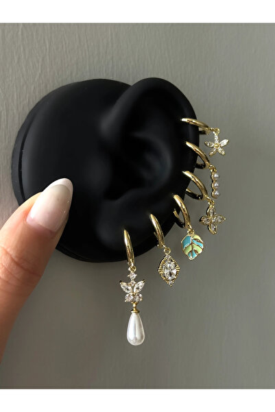 h&b design jewel Kelebekli İnci Detaylı 6 Lı Küpe Seti