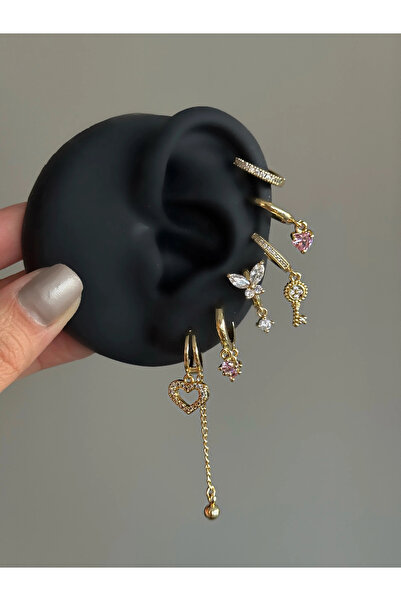 h&b design jewel Çelik Gold Kelebekli 6 Lı Küpe Seti