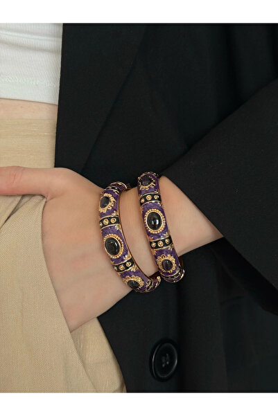 h&b design jewel Çelik Mor Taşlı Mineli Kelepçe Bileklik