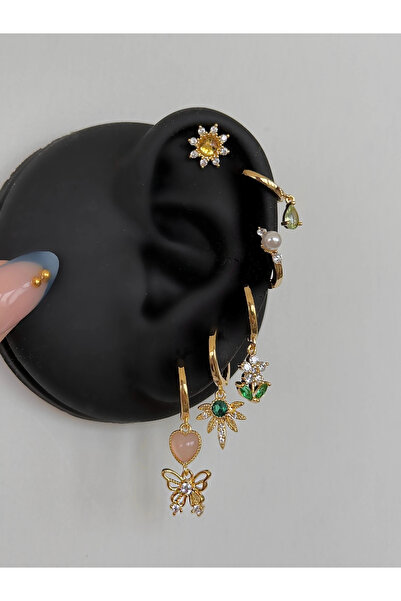 h&b design jewel Çelik Gold Çiçek Detaylı 6 Lı Küpe Seti