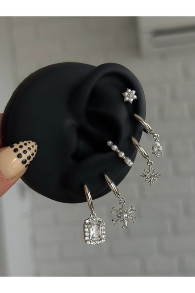h&b design jewel طقم أقراط من حجر الرغيف الفرنسي الفضي مكون من 6 قطع