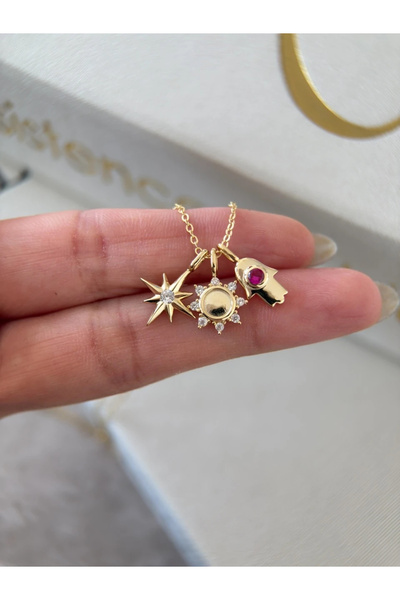 h&b design jewel 925 Ayar Gümüş Gold 3 Lü Kutup Yıldızlı Kolye