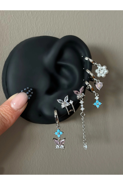 h&b design jewel Çelik Pembe Kelebekli 6 Lı Küpe Seti