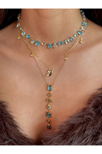 h&b design jewel Çelik Gold Mavi Taşlı Y Kolye