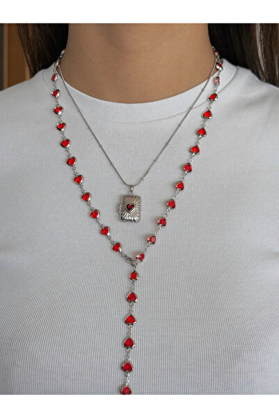 h&b design jewel Steel Silver Red Heart Y Necklace