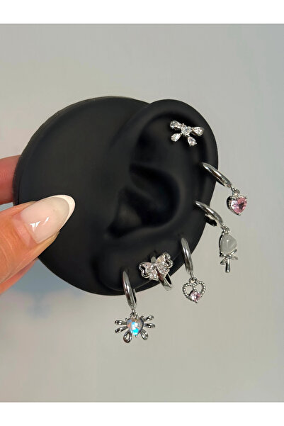 h&b design jewel مجموعة أقراط فضية بتفاصيل على شكل قلب هولوغرامي مكونة من 6 قطع