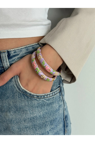 h&b design jewel Çelik Lila Çiçek Detaylı Mineli Kelepçe Bileklik