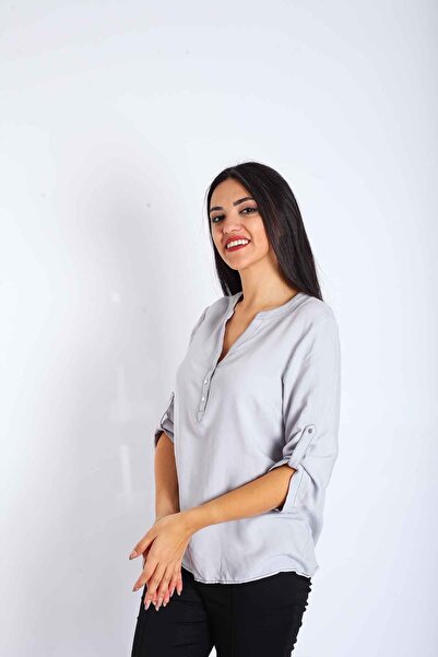 Blues Outlet بلوزة نسائية بأزرار أمامية وياقة على شكل V - رمادي