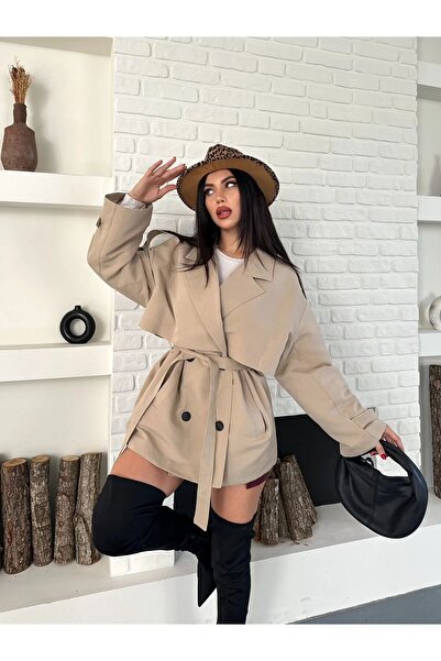 VESS MODA Γυναικείο κοντό παλτό με λεπτομέρεια με κορδόνια και κουμπιά, πέτρα