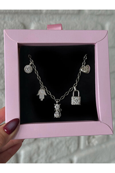 h&b design jewel Çelik Silver Kedi Charmlı Kolye