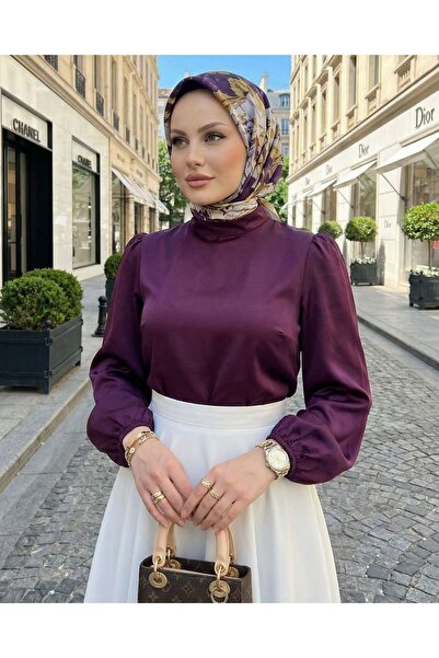 Naknaku بلوزة نسائية من الساتان بتفاصيل سحاب خلفي بلون البرقوق