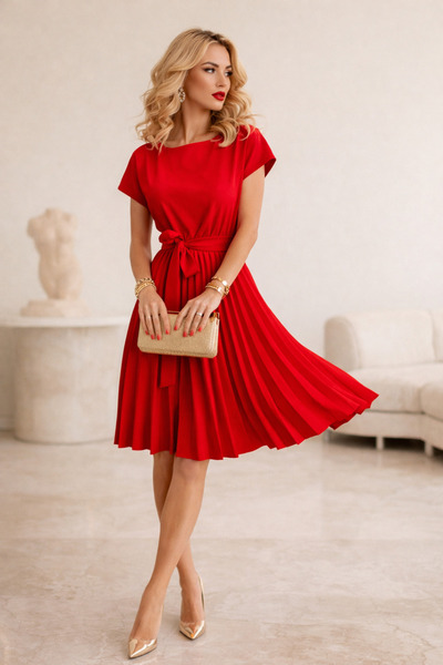 merysare Φόρεμα από κρεπ ύφασμα με πλισέ φούστα και ζώνη στη μέση (χρώμα)