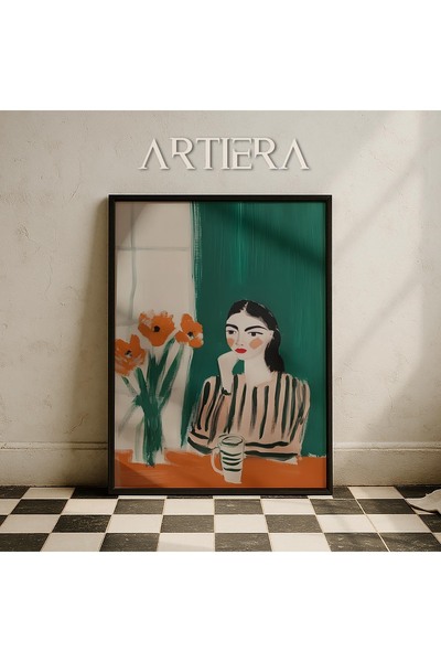 HİGUERA Αφηρημένο γυναικείο πορτρέτο με πορτοκαλί λουλούδια ζωγραφική τοίχου ...