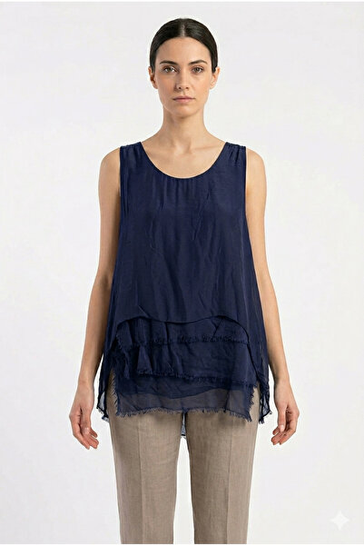 della moor Women's Navy Blue Italian Hem Layered Zero Sleeve Lined Silk Blous...