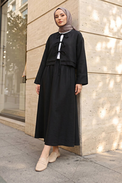 MODAQU Λινό Σετ με δεμένη φούστα και μπλούζα - Μαύρο