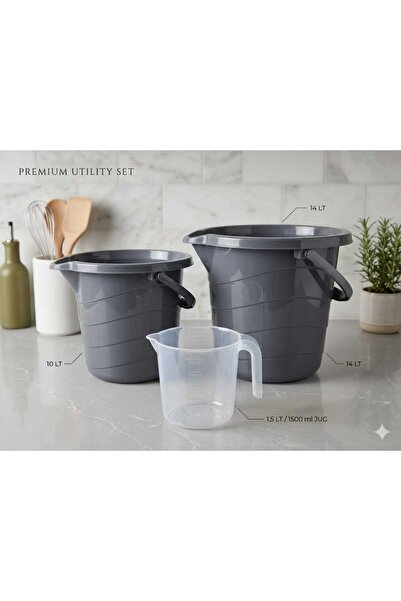 ZİVORA 3'lü Set Kapaksız Su Kovası 10-14 Litre Antrasit 2 Adet Temizlik Kovas...