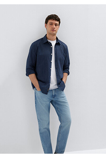 Mavi Gestreiftes marineblaues Hemd aus Leinenmischung, normale Passform 02120...