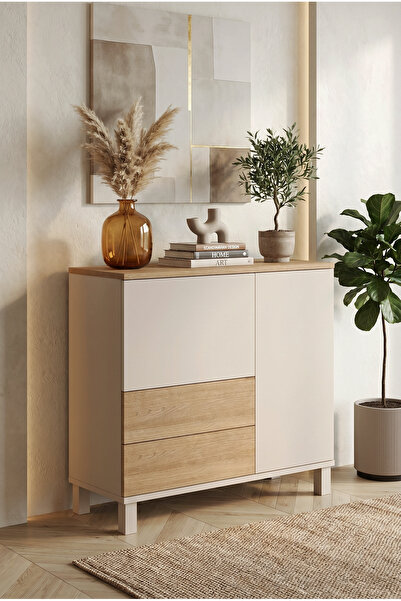 Yurudesign Mood Çok Amaçlı Dolap Ahşap Ayaklı 2 Kapaklı 2 Çekmeceli Kumsal-Se...