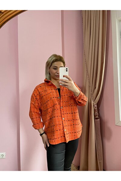 Oversize Şanel Tüvid Kumaş Turuncu Stanadart Beden Gömlek/ceket