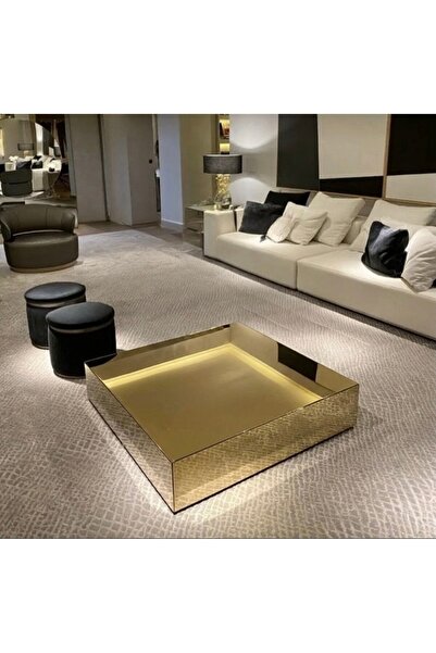 LUXURY VİLLA KOMPLE GOLD AYNALI TEKERLEKLİ ORTA SEHPA 100X100 YÜKSEKLİK 30CM