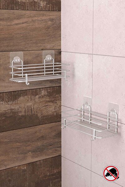 Teknotel Yapışkanlı Kancalı 2 Adet Banyo Rafı Şampuanlık Silver ST217H