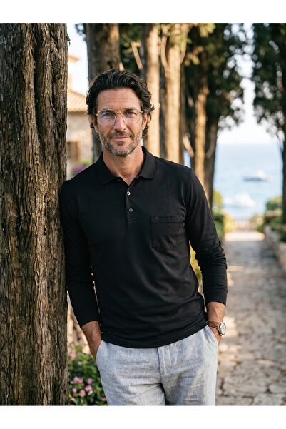 Çizgi Triko Men's Polo Neck Long Sleeve Pocketed Transitional Black Combed Co...