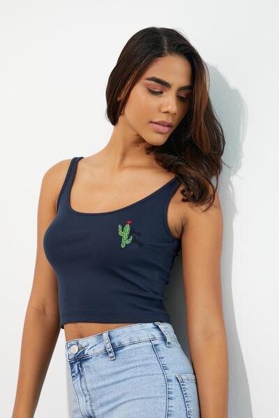 Polo State Embroidered Women's Strap Crop Undershirt Navy Blue