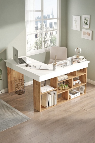 Yurupa Corner Kitaplık Raflı Çalışma Masası Çam-Beyaz COR5-AW