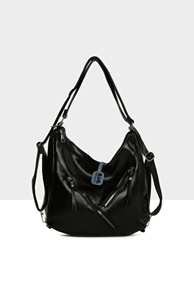 Bagmori Μαύρο γυναικείο σακίδιο πλάτης με διπλό φερμουάρ και λουράκια M000008734