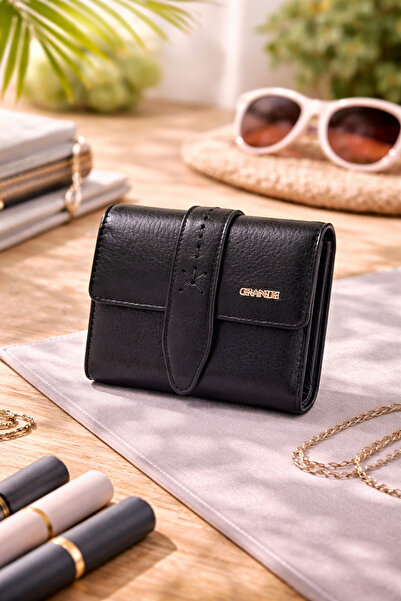 Grande 2633 Γυναικείο πορτοφόλι από γνήσιο δέρμα, μαύρο χρώμα, με πολλές θήκε...