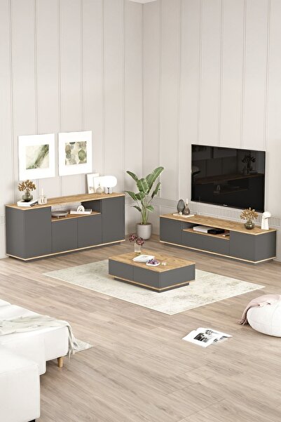 Yurupa Aven Tv Ünitesi Orta Sehpa Konsol 3'Lü Set Çam-Antrasit AVE18-AA